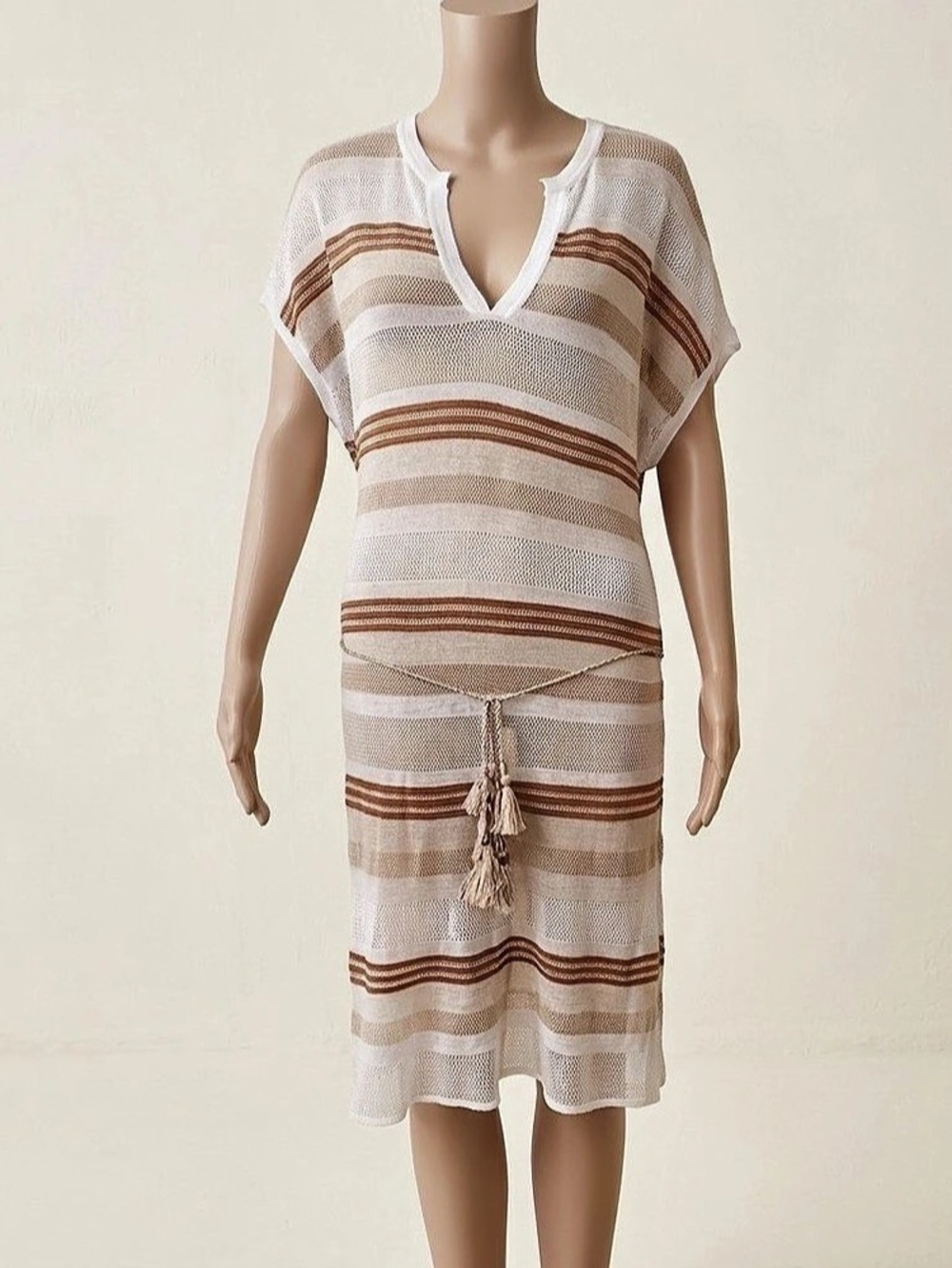 Chico's Medium Resortwear Striped Tunic Pullover Mini Dress Open Knit Neutral